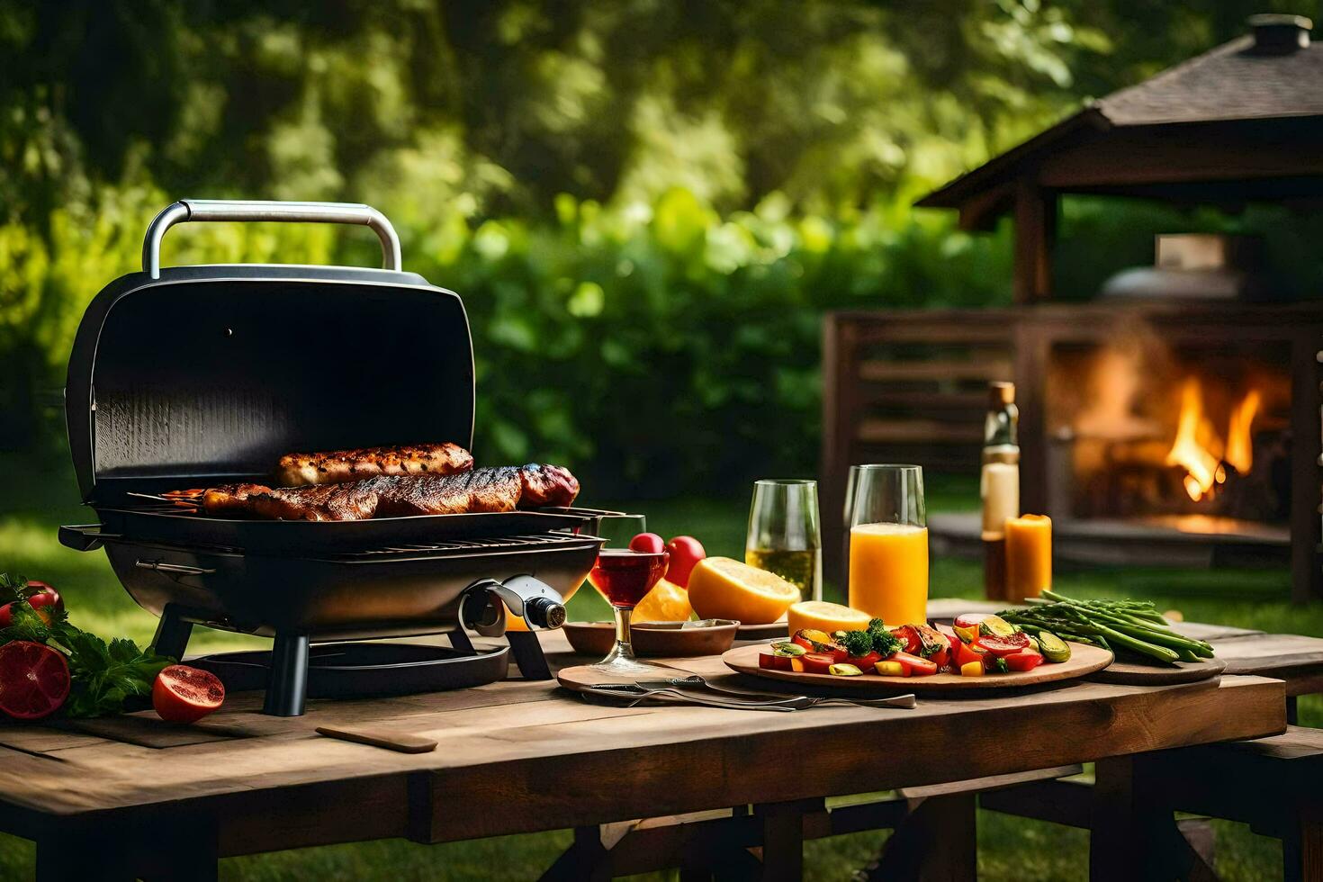 a barbecue grill on a table with food and drinks. AI-Generated photo