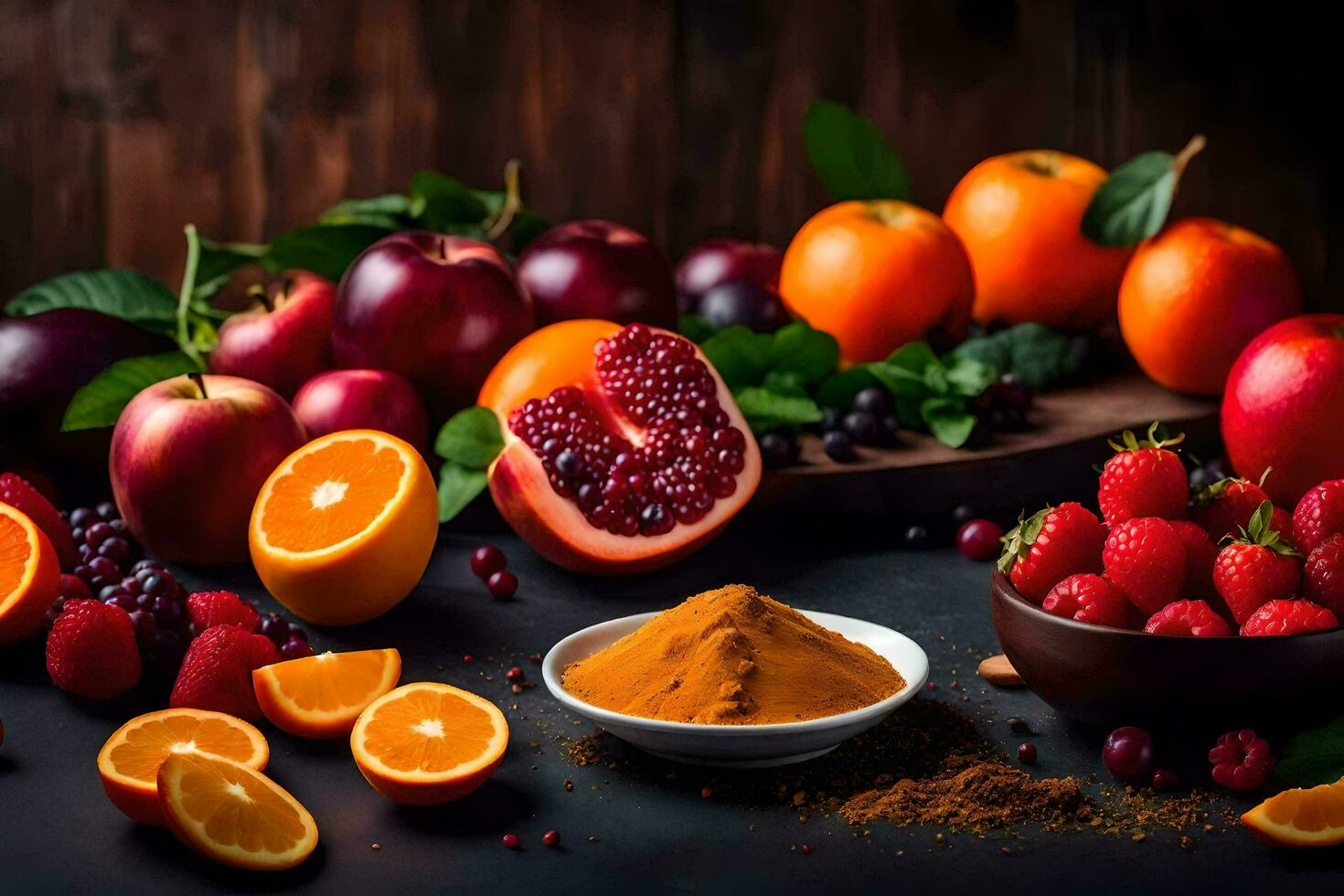 various fruits and spices are arranged on a table. AI-Generated photo