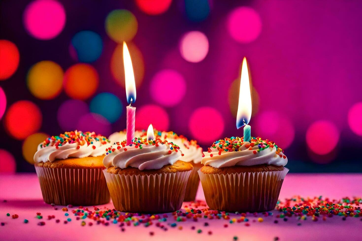 three cupcakes with candles on a pink background. AI-Generated photo
