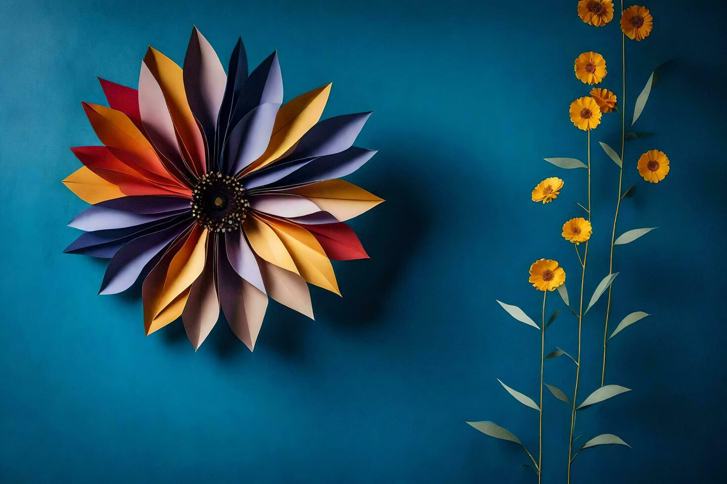 a colorful flower made from folded paper on a blue wall. AI-Generated photo