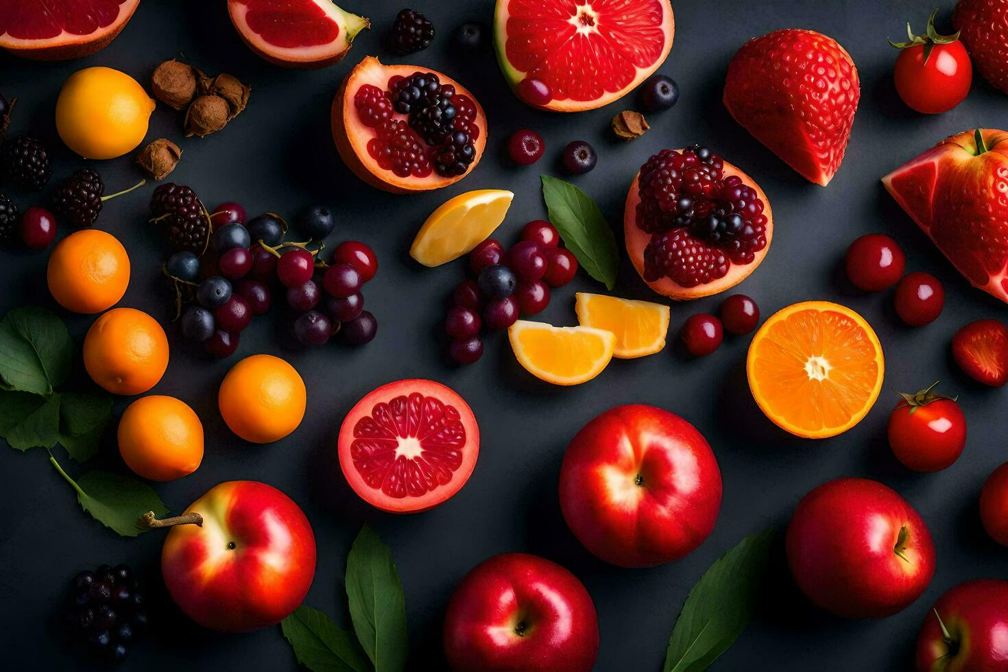 various fruits and vegetables on a black background. AI-Generated photo