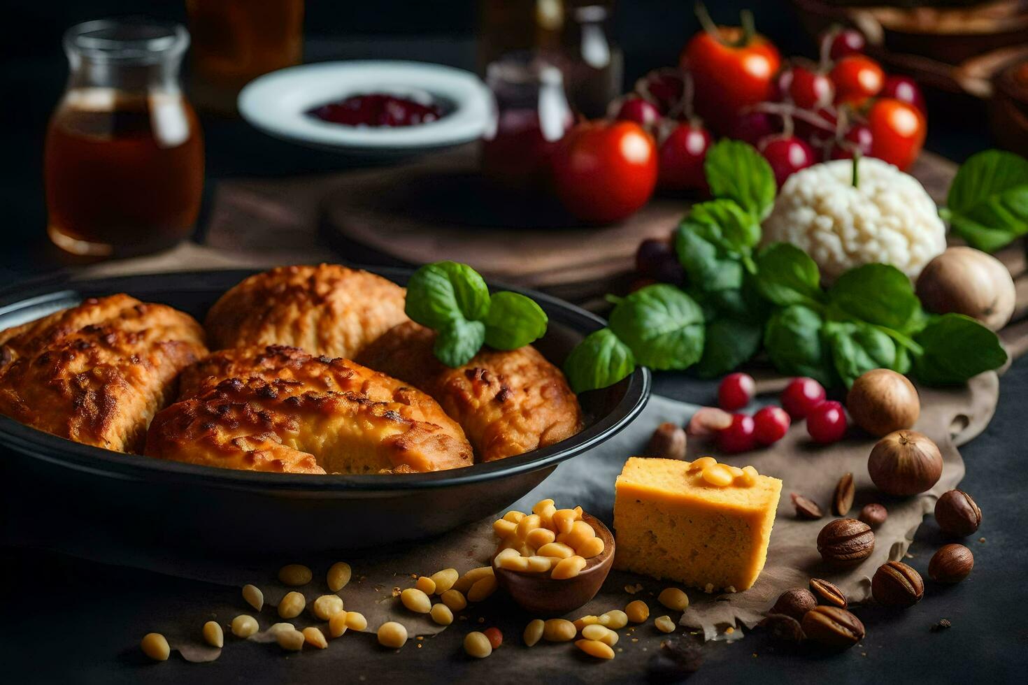 un cuenco de queso, un pan y vegetales en un mesa. generado por ai foto