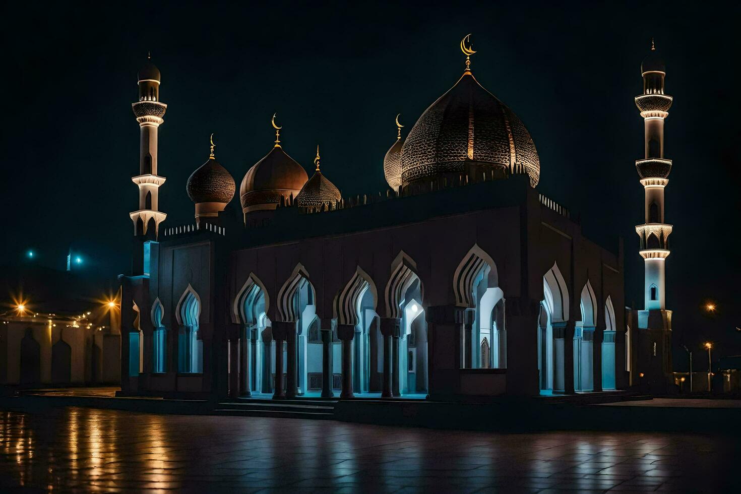 a mosque lit up at night with blue lights. AI-Generated photo
