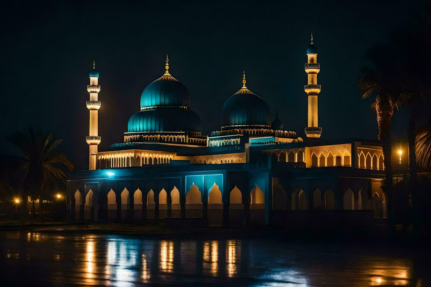 mosque at night with blue lights. AI-Generated photo
