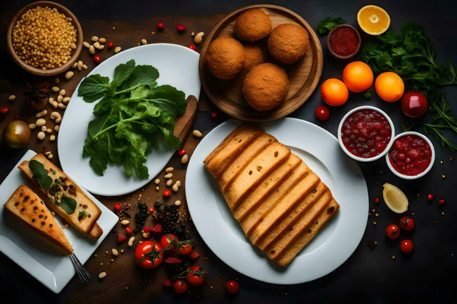 various types of food on a table. AI-Generated photo