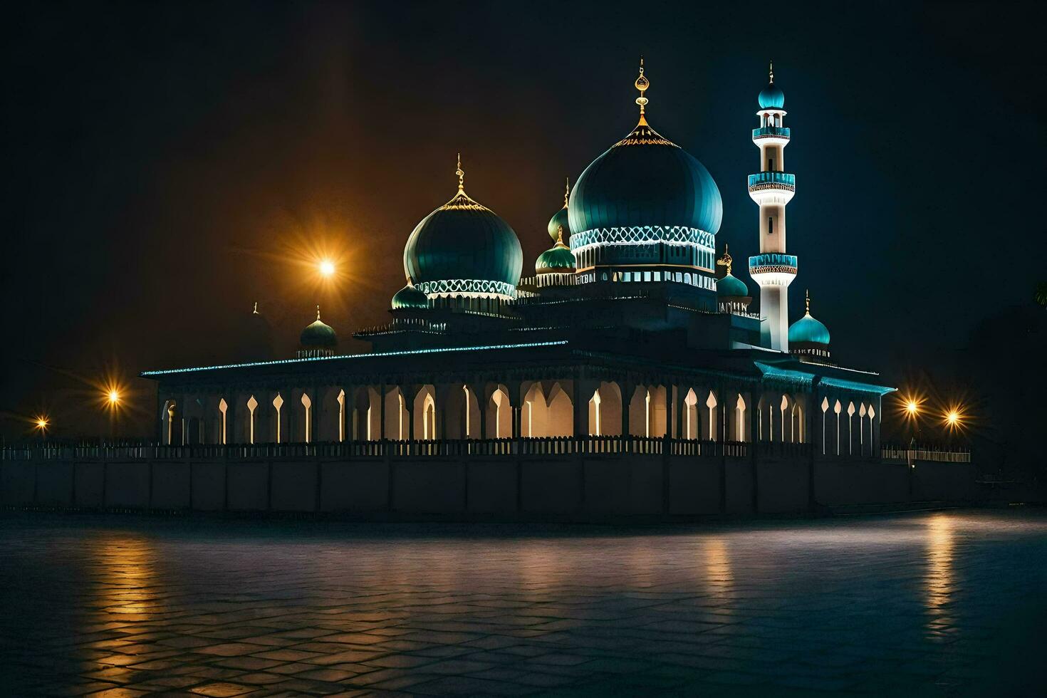 the mosque at night with lights on. AI-Generated photo