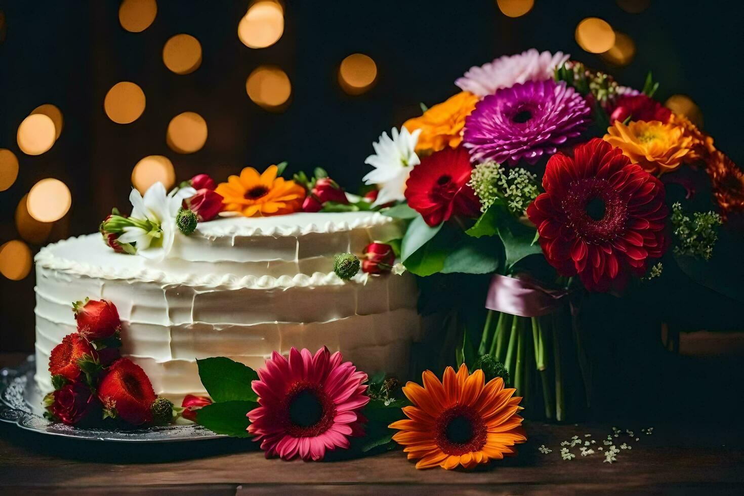a cake with flowers and a bouquet on a table. AI-Generated photo