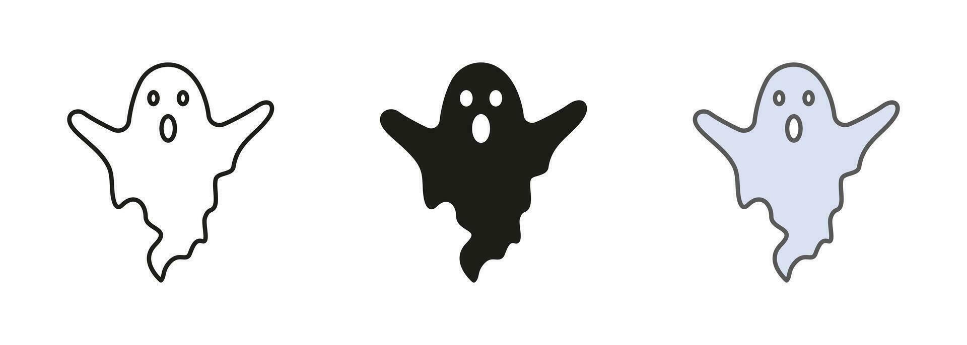 Spooky Monster for Halloween Line and Silhouette Icon Set. Ghost Pictogram Black and Color Symbol Collection. Cute Funny Dark Halloween Ghost Under Sheet. Isolated Vector Illustration.