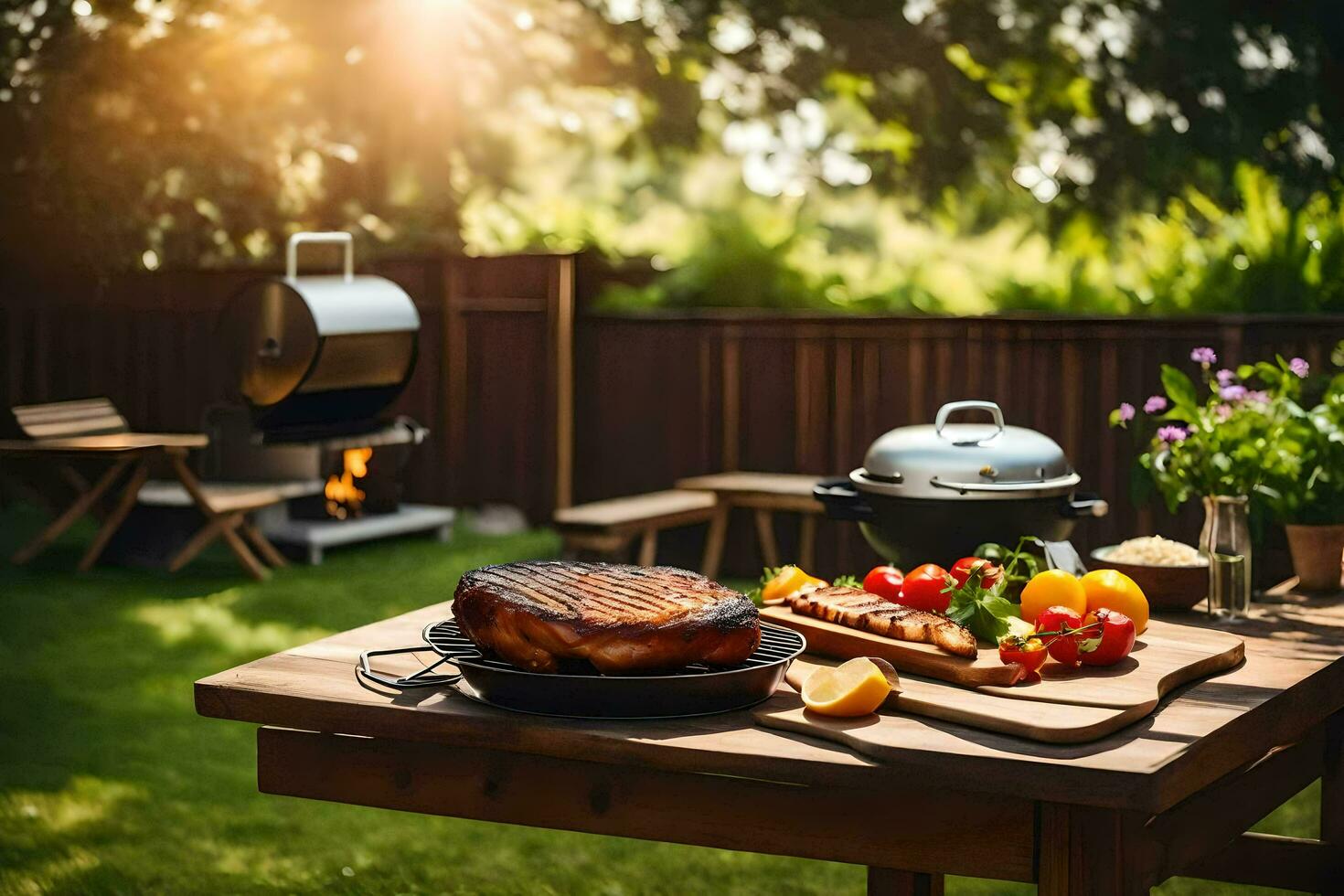 bbq grill on a table in the backyard. AI-Generated photo