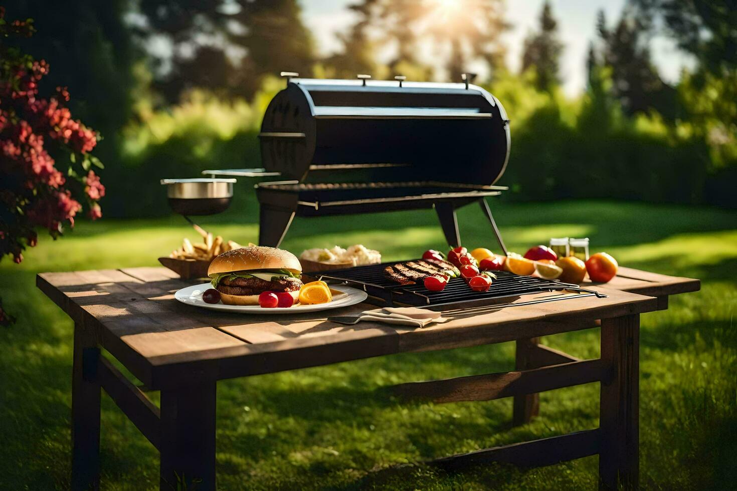 a barbecue grill on a table with food on it. AI-Generated photo