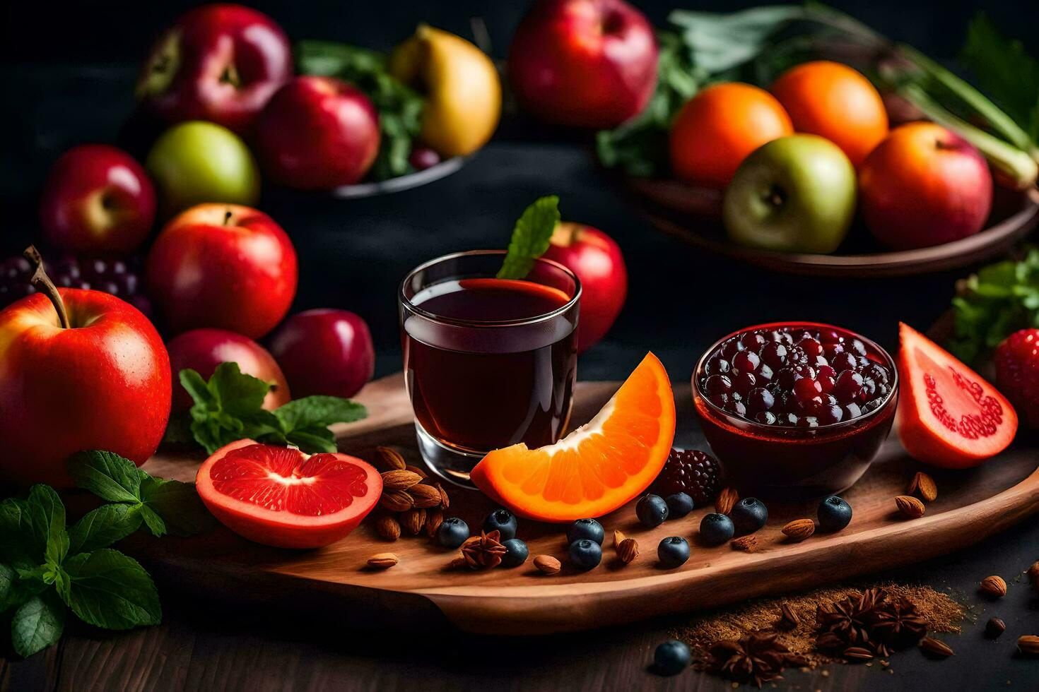 a glass of juice with fruits and nuts. AI-Generated photo