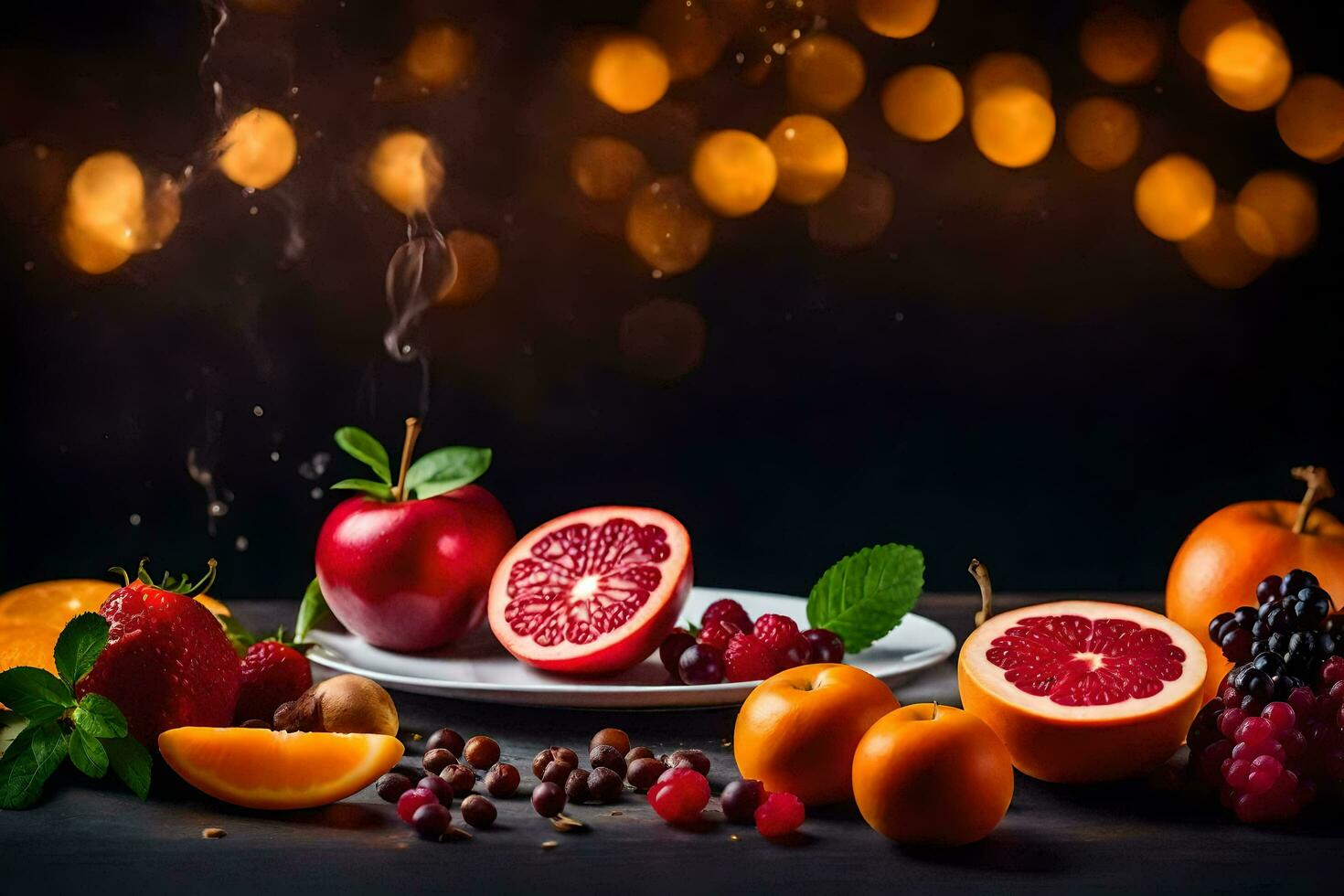 fruit on a plate with a light background. AI-Generated photo