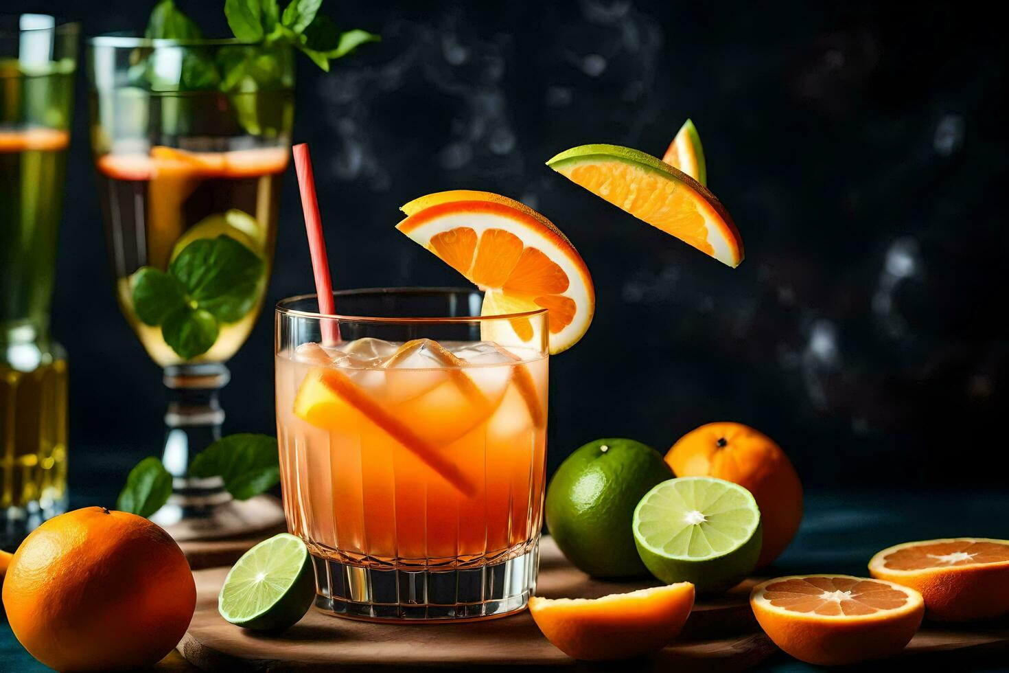 orange cocktail with lime slices and mint leaves. AI-Generated photo