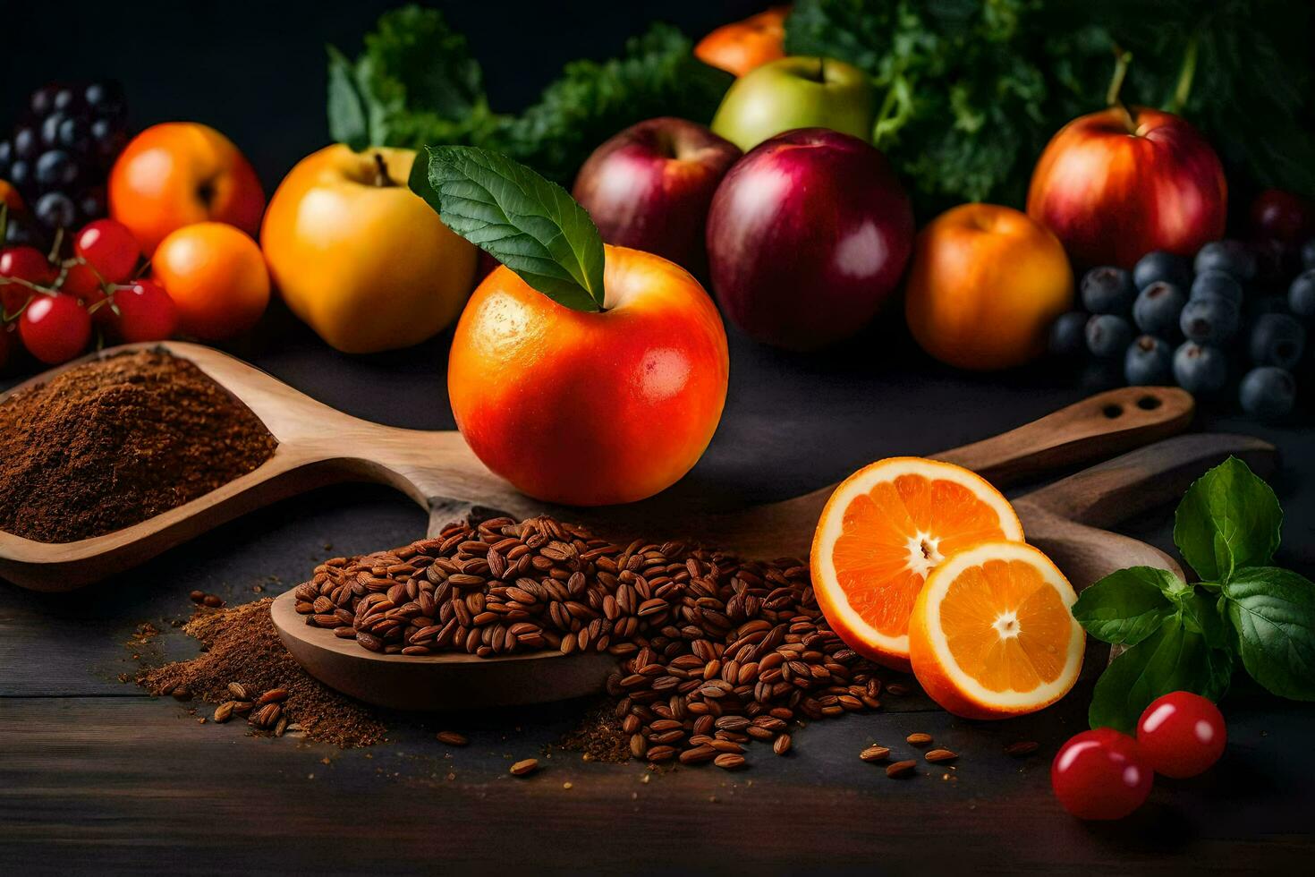 a variety of fruits and vegetables are shown on a wooden table. AI-Generated photo