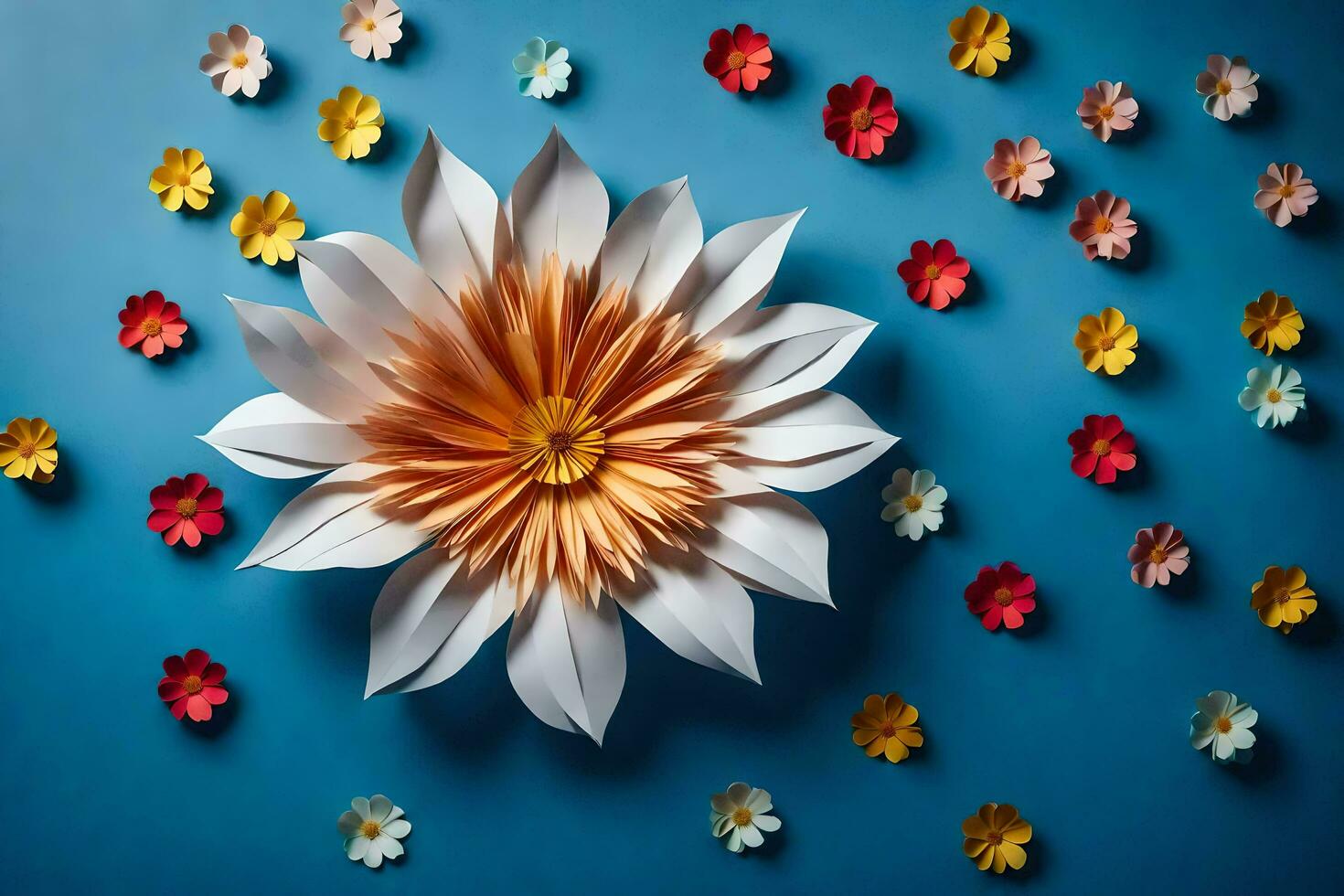 a large white flower surrounded by many colorful flowers. AI-Generated photo