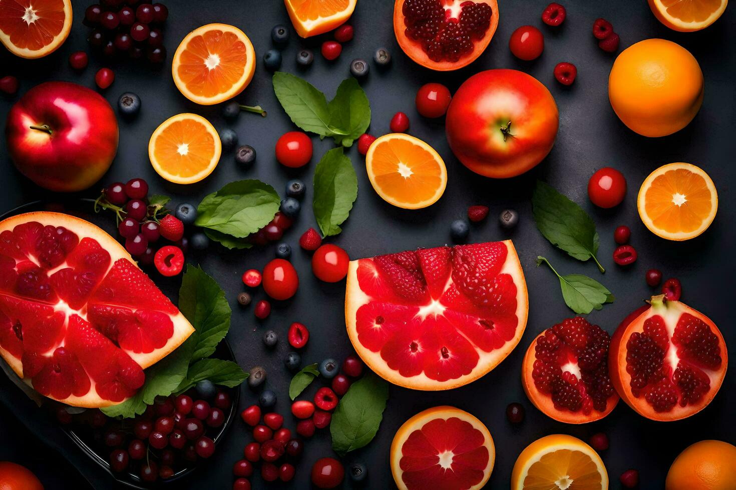 a variety of fruits and vegetables arranged on a black background. AI-Generated photo