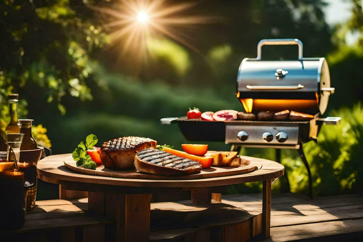 grill and food on a wooden table. AI-Generated photo
