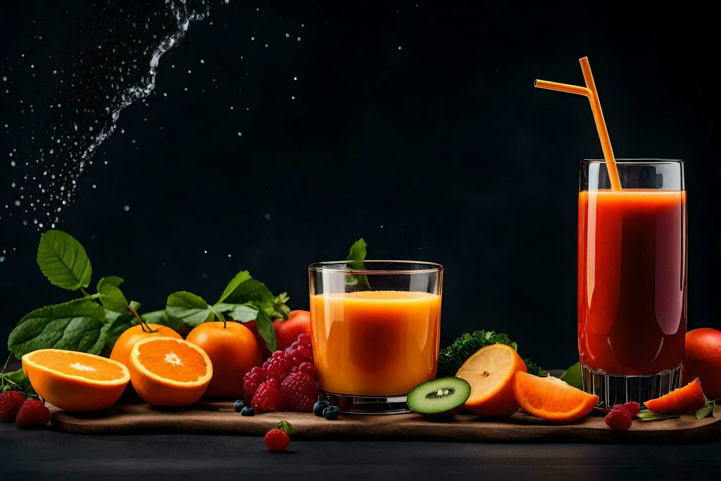 fresh fruit juice on a dark background. AI-Generated photo