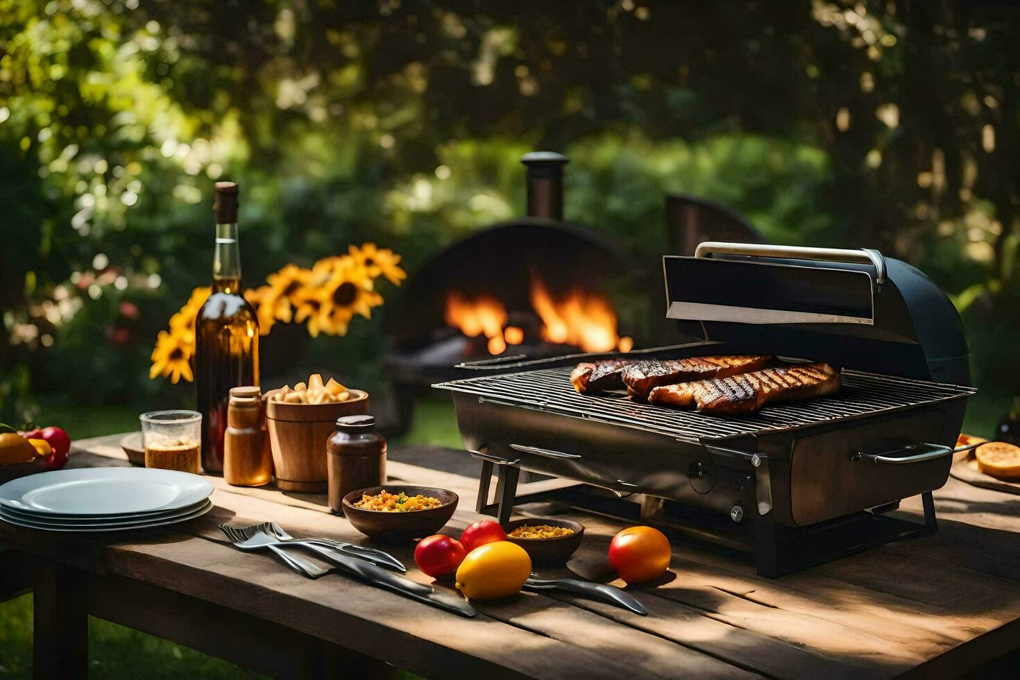 a barbecue grill with food on it in the backyard. AI-Generated photo