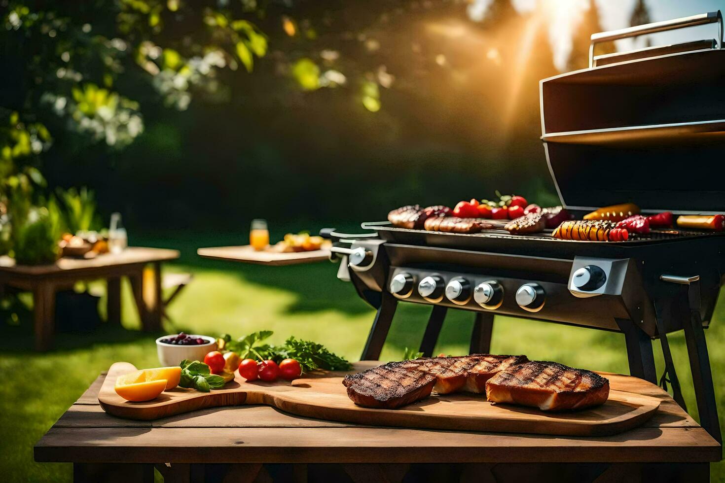 a grill with meat and vegetables on it. AI-Generated photo