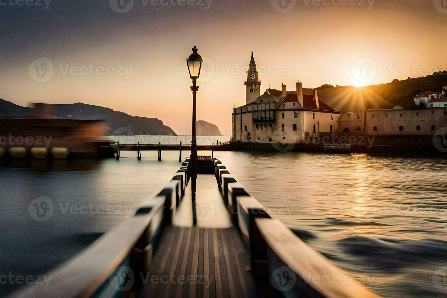 un muelle con un faro a puesta de sol. generado por ai foto