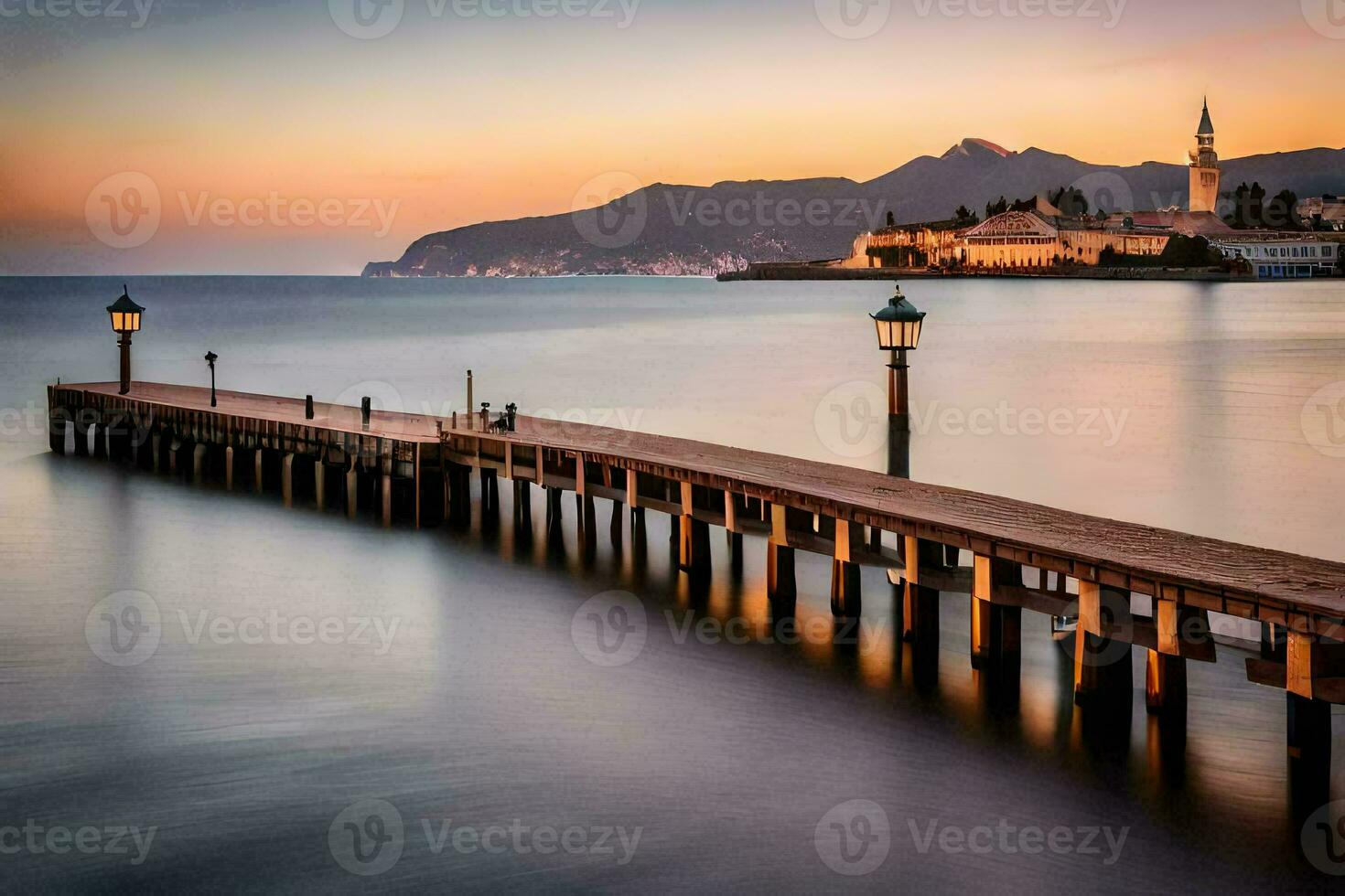 un muelle en el agua con un Iglesia en el antecedentes. generado por ai foto