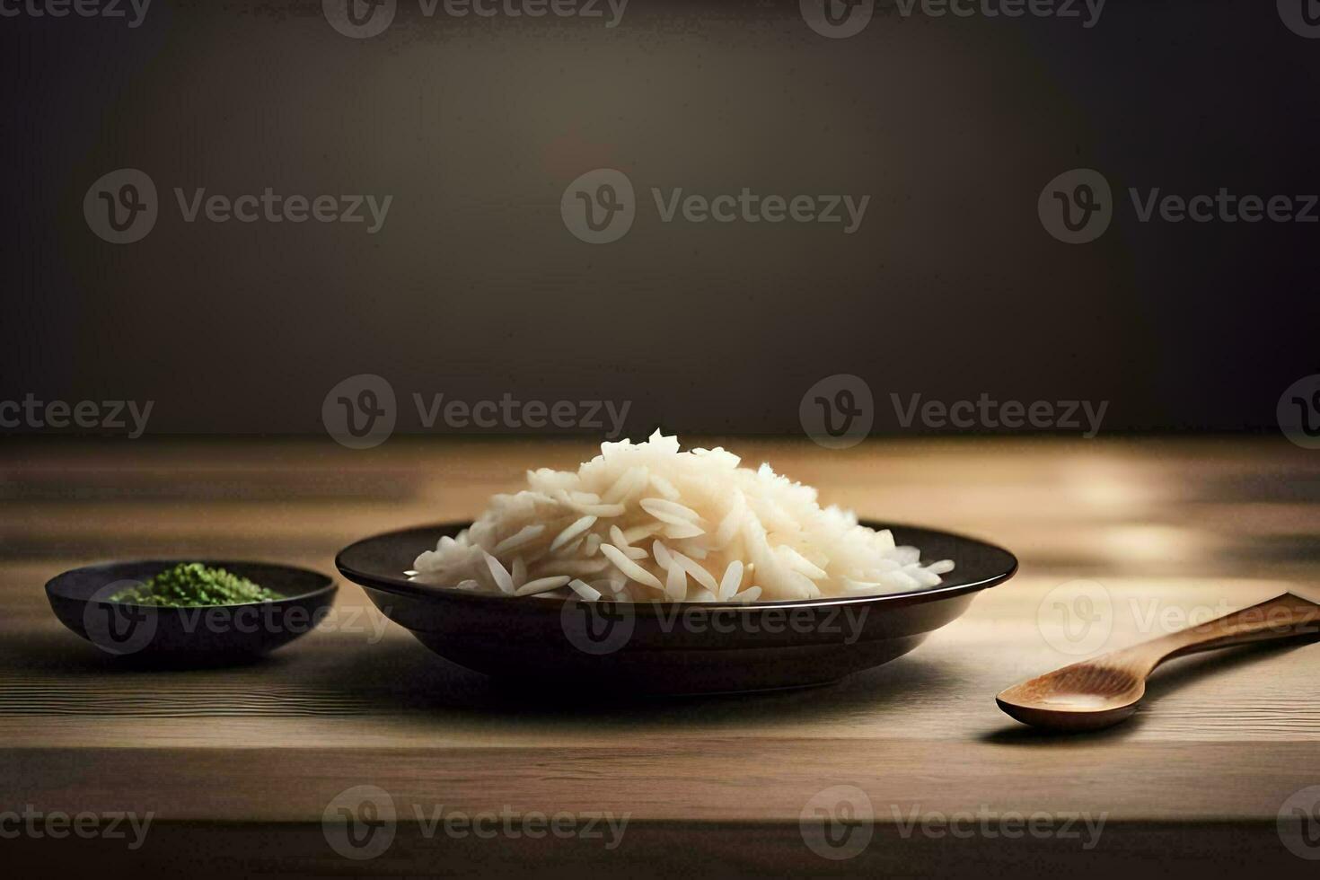 a bowl of rice and a wooden spoon on a table. AI-Generated photo