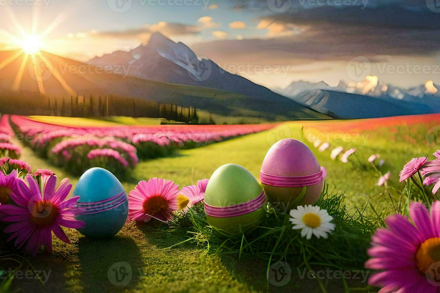 easter eggs in the field. AI-Generated photo