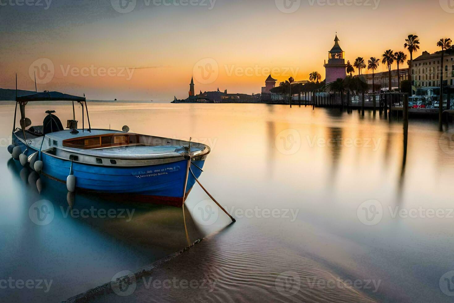 a boat sits on the shore at sunset. AI-Generated photo