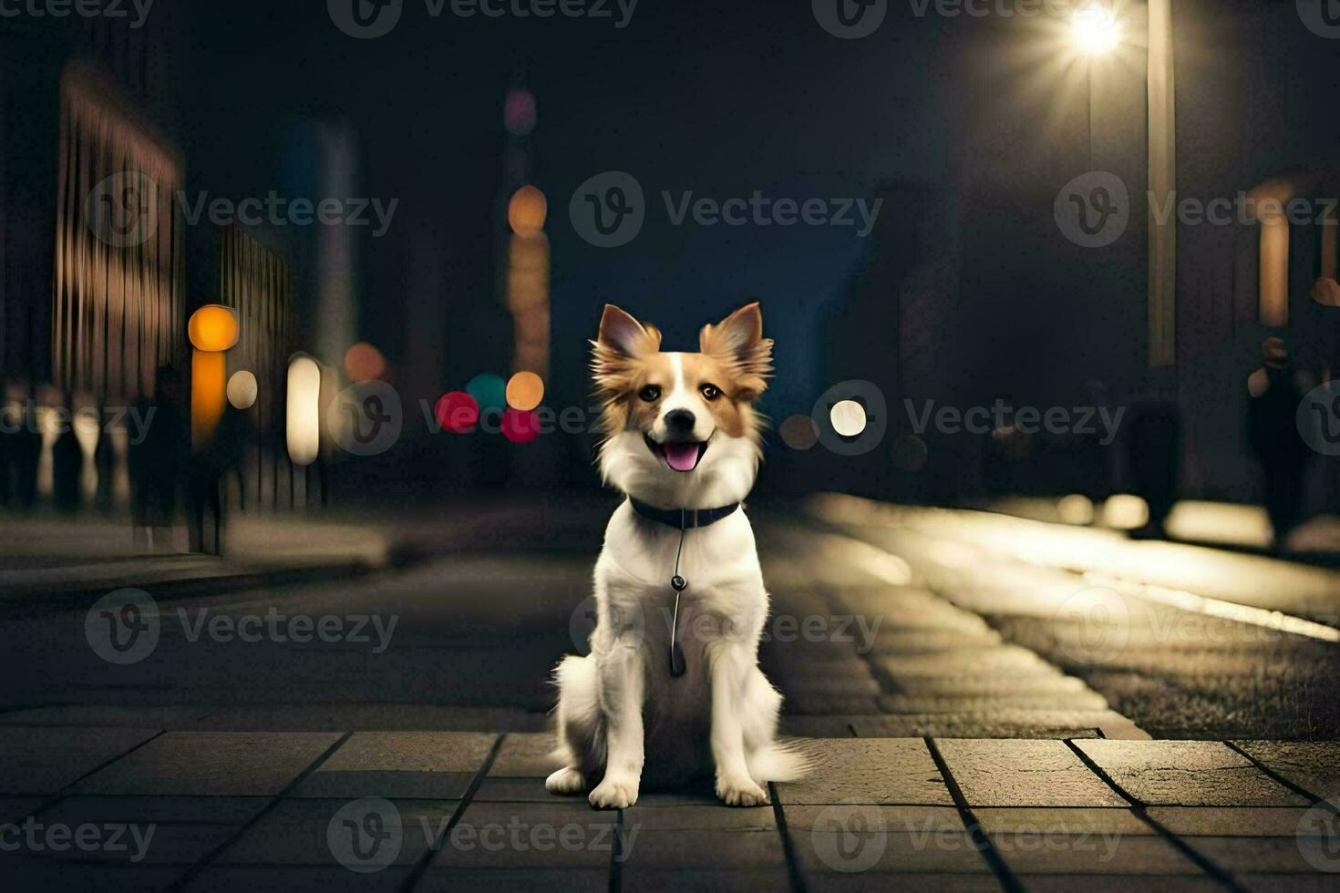 un perro sentado en el calle a noche. generado por ai foto