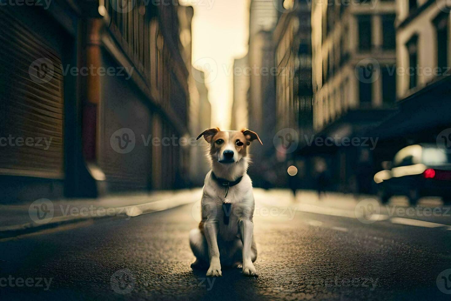 a dog sitting on the street in a city. AI-Generated photo