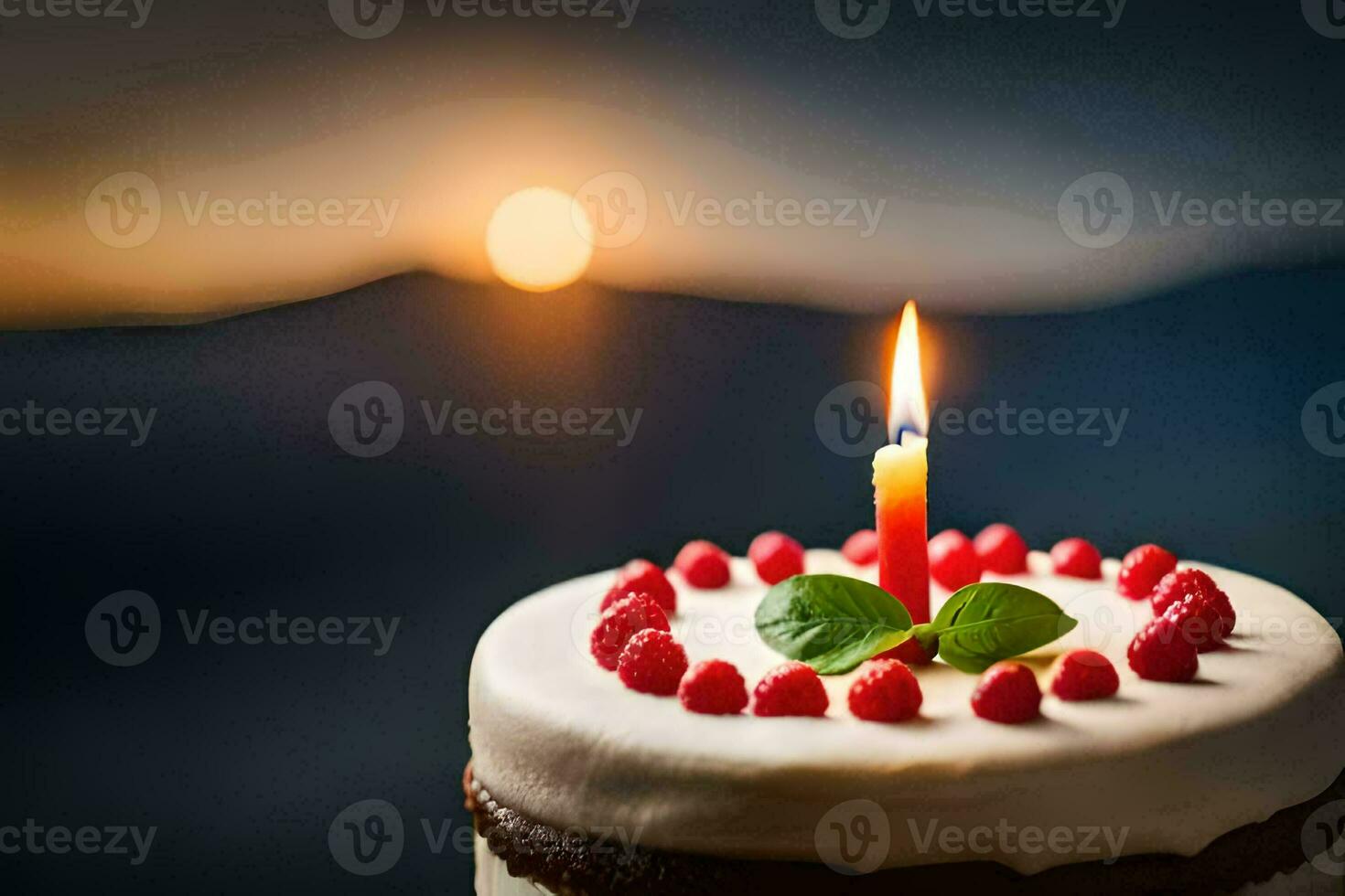 a birthday cake with a single candle on top. AI-Generated photo