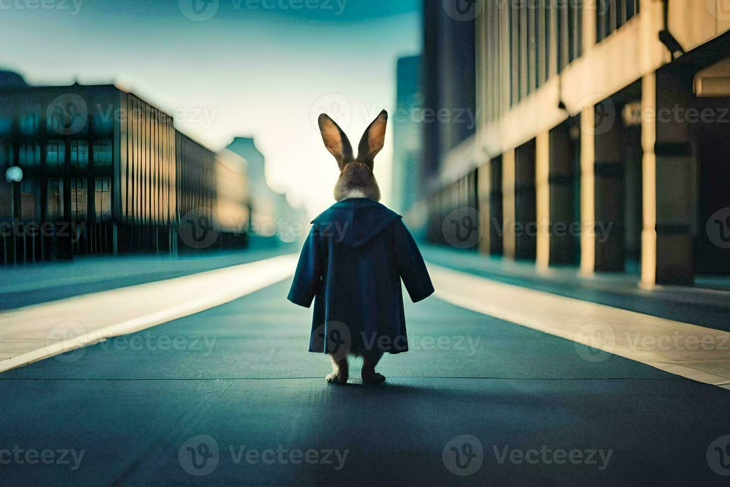 a rabbit wearing a coat and standing in the middle of a city street. AI-Generated photo