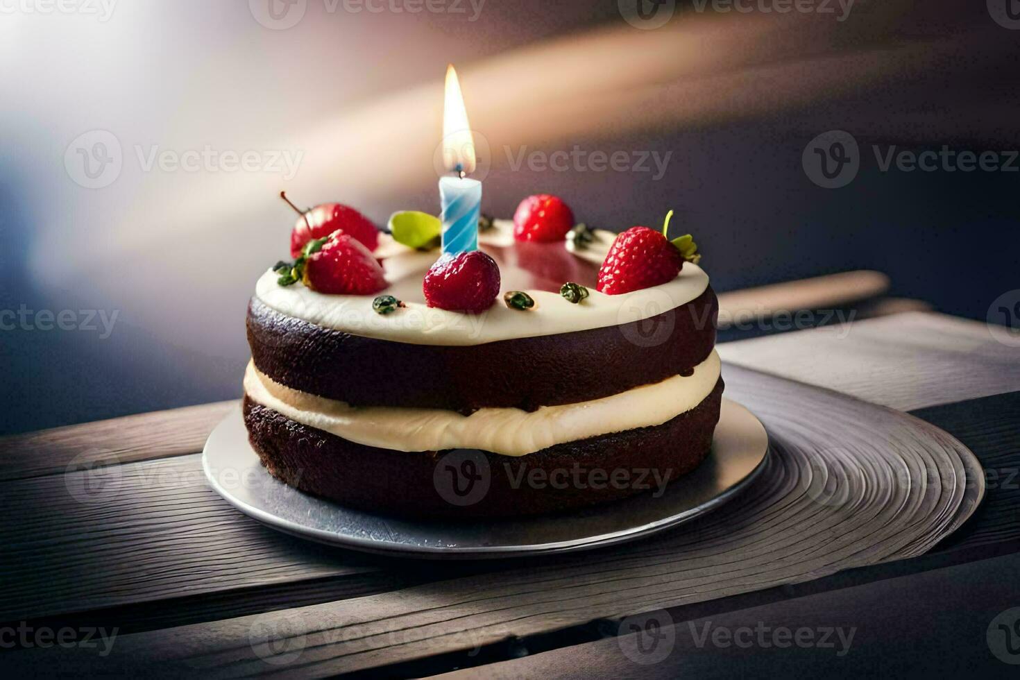 a chocolate cake with a single candle on top. AI-Generated photo