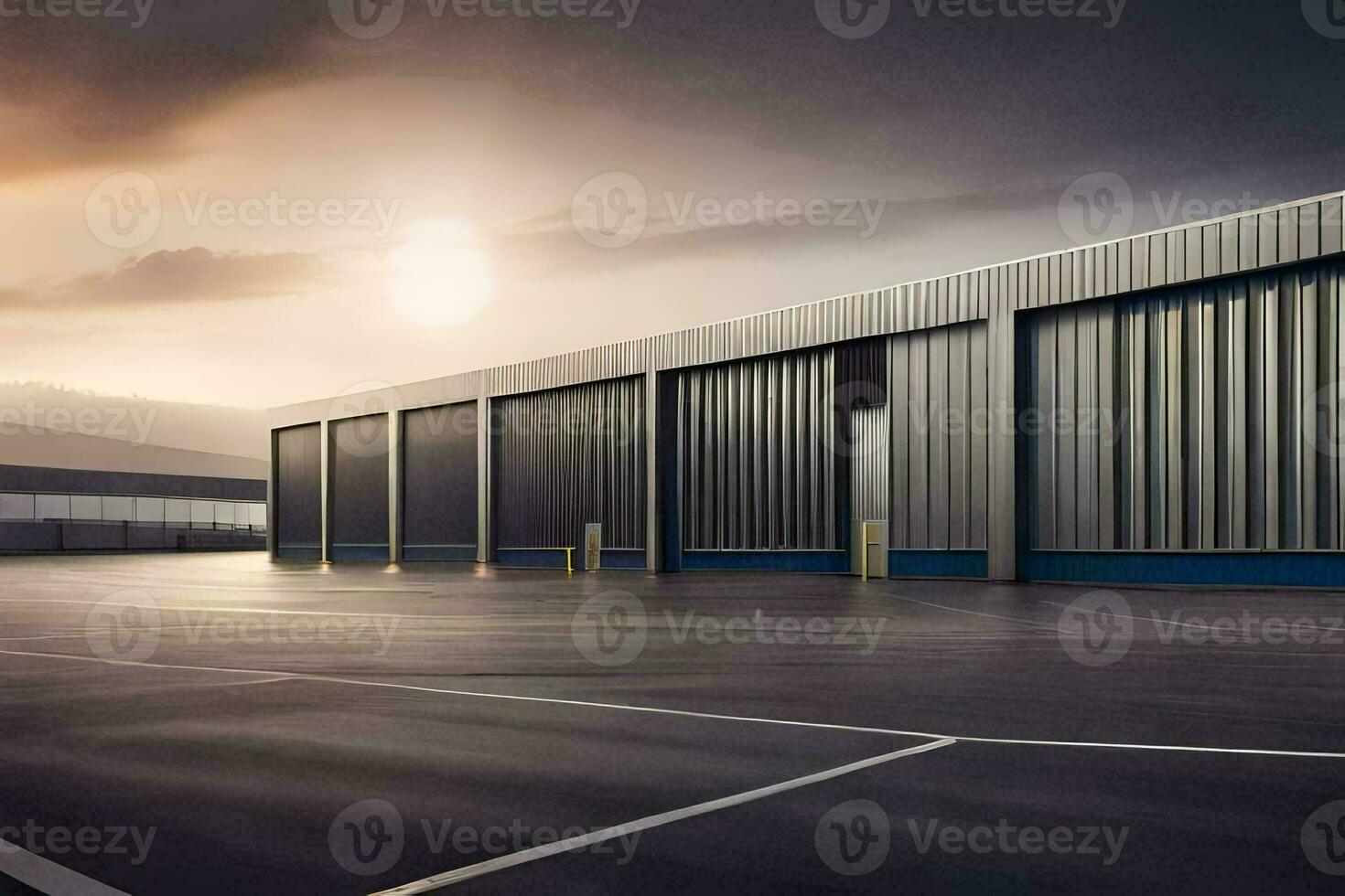 a large warehouse with a large metal door. AI-Generated photo