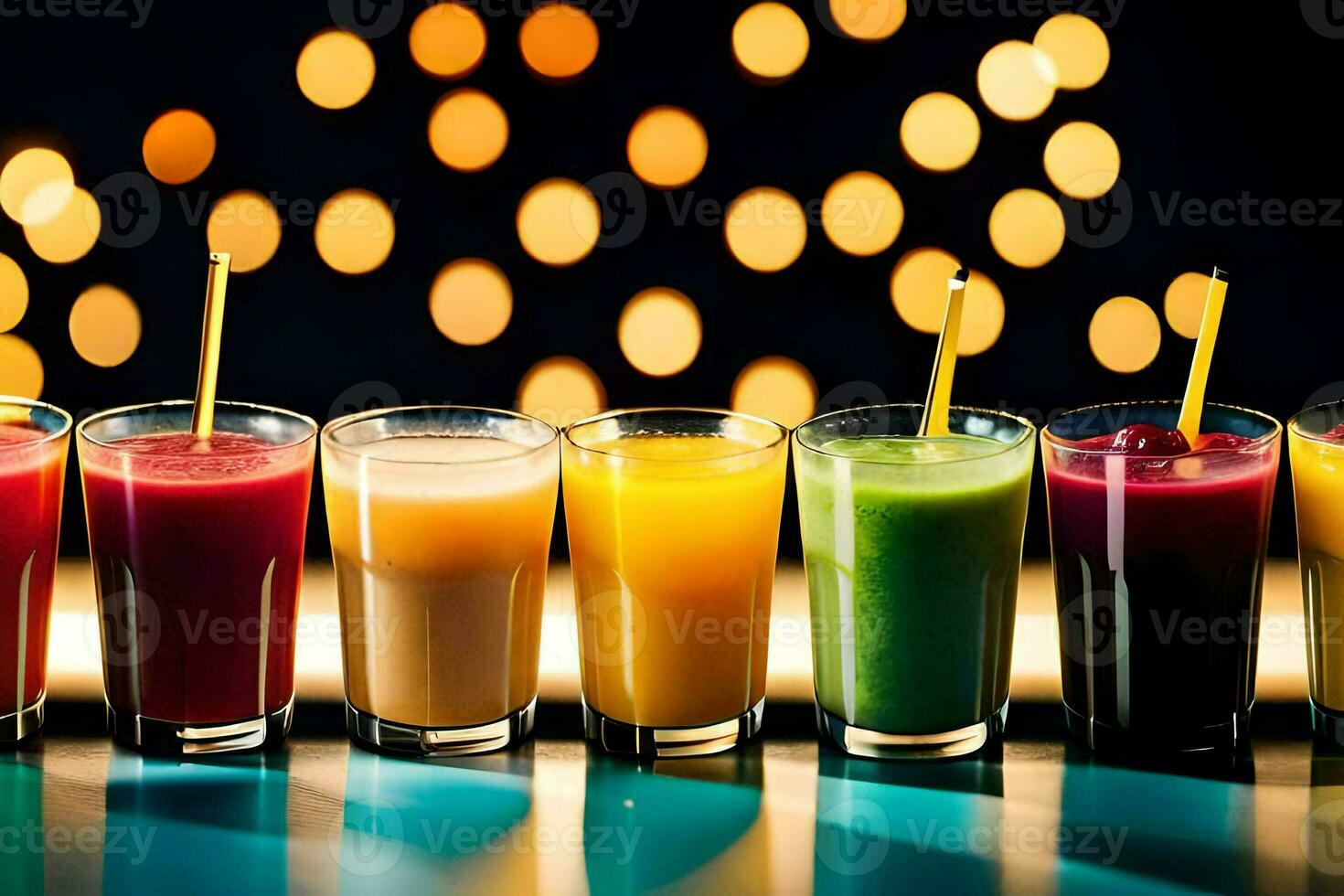 a row of different colored juices in glasses. AI-Generated photo