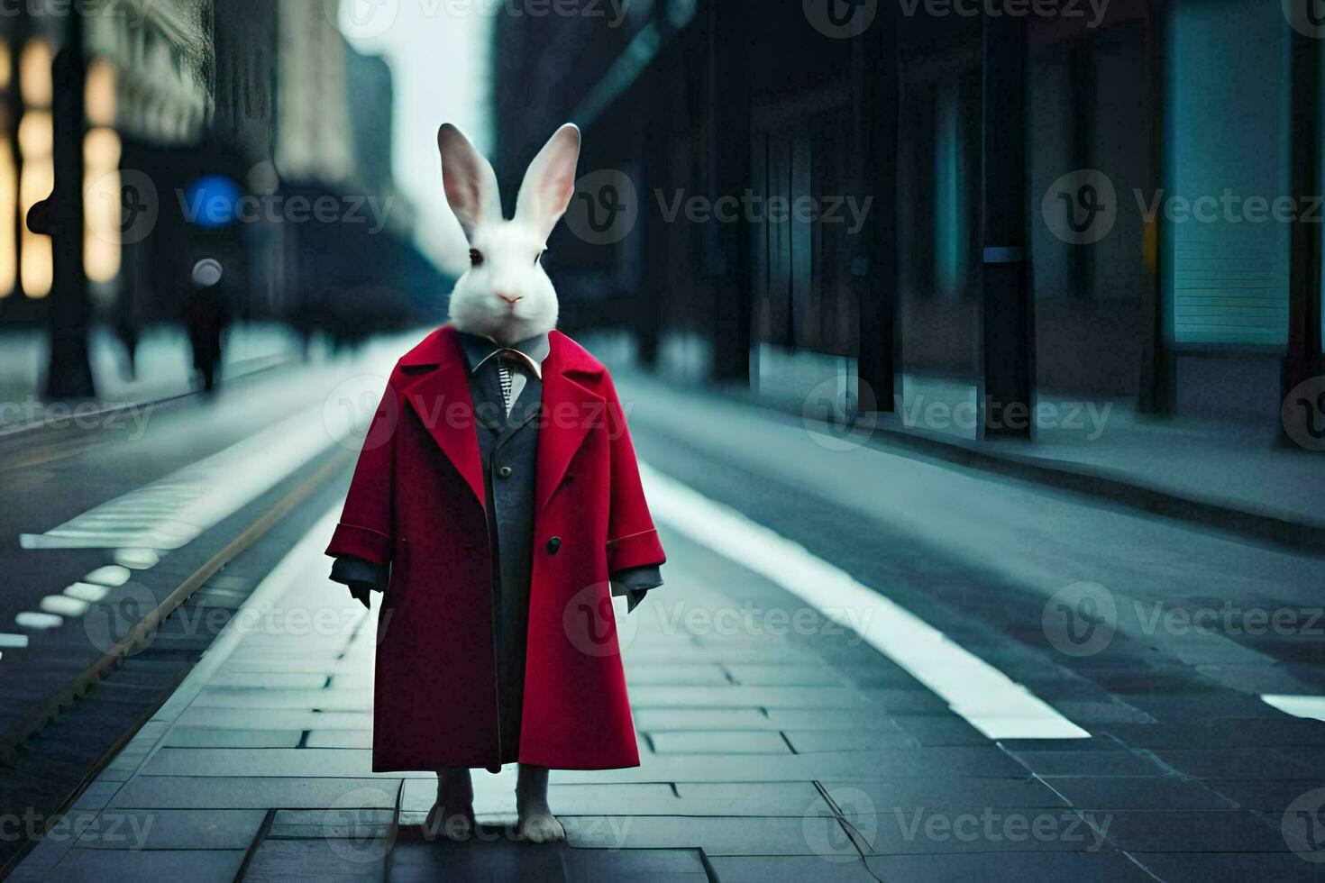 a rabbit dressed in a red coat and tie standing on a street. AI-Generated photo