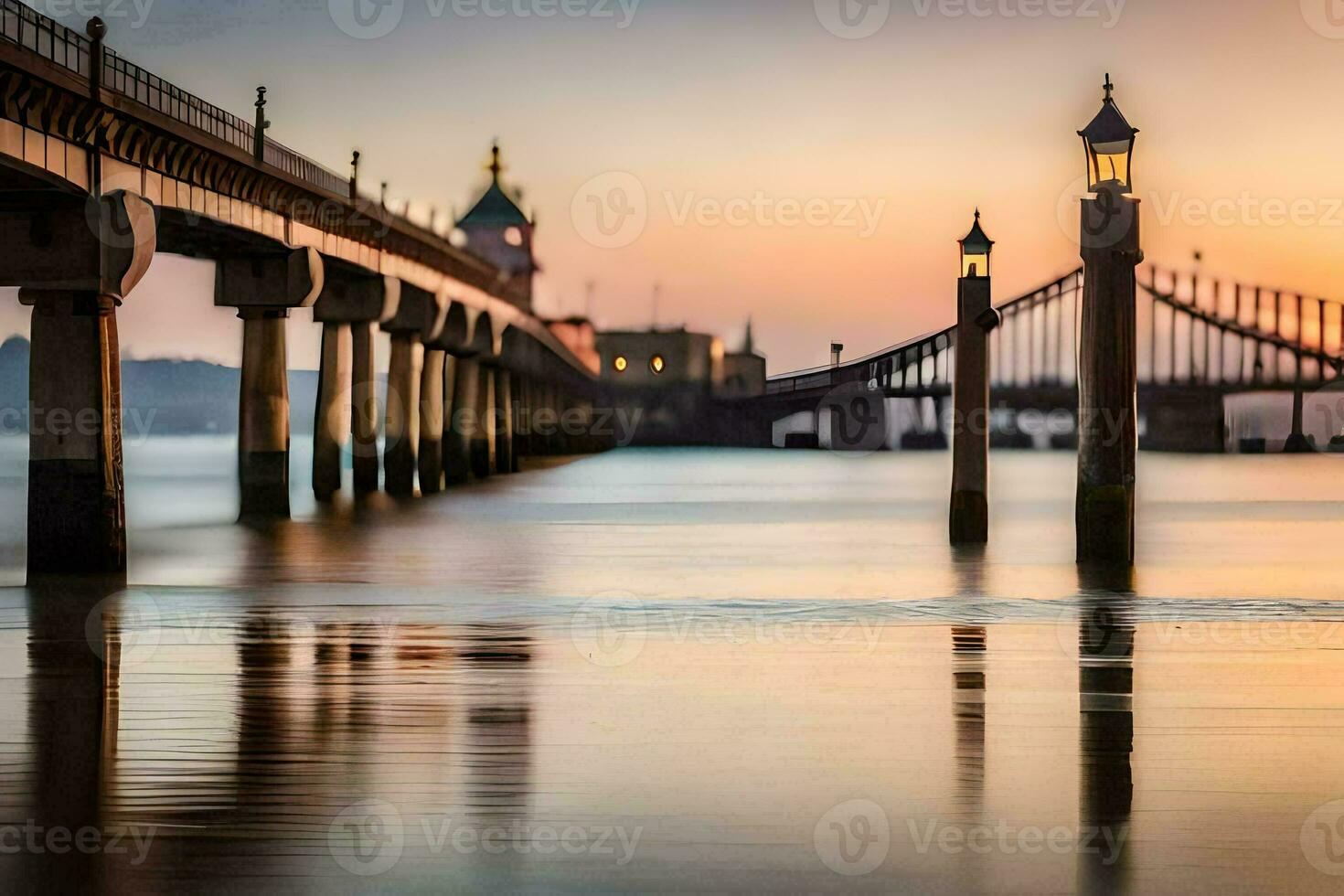 a long bridge with a clock tower in the background. AI-Generated photo