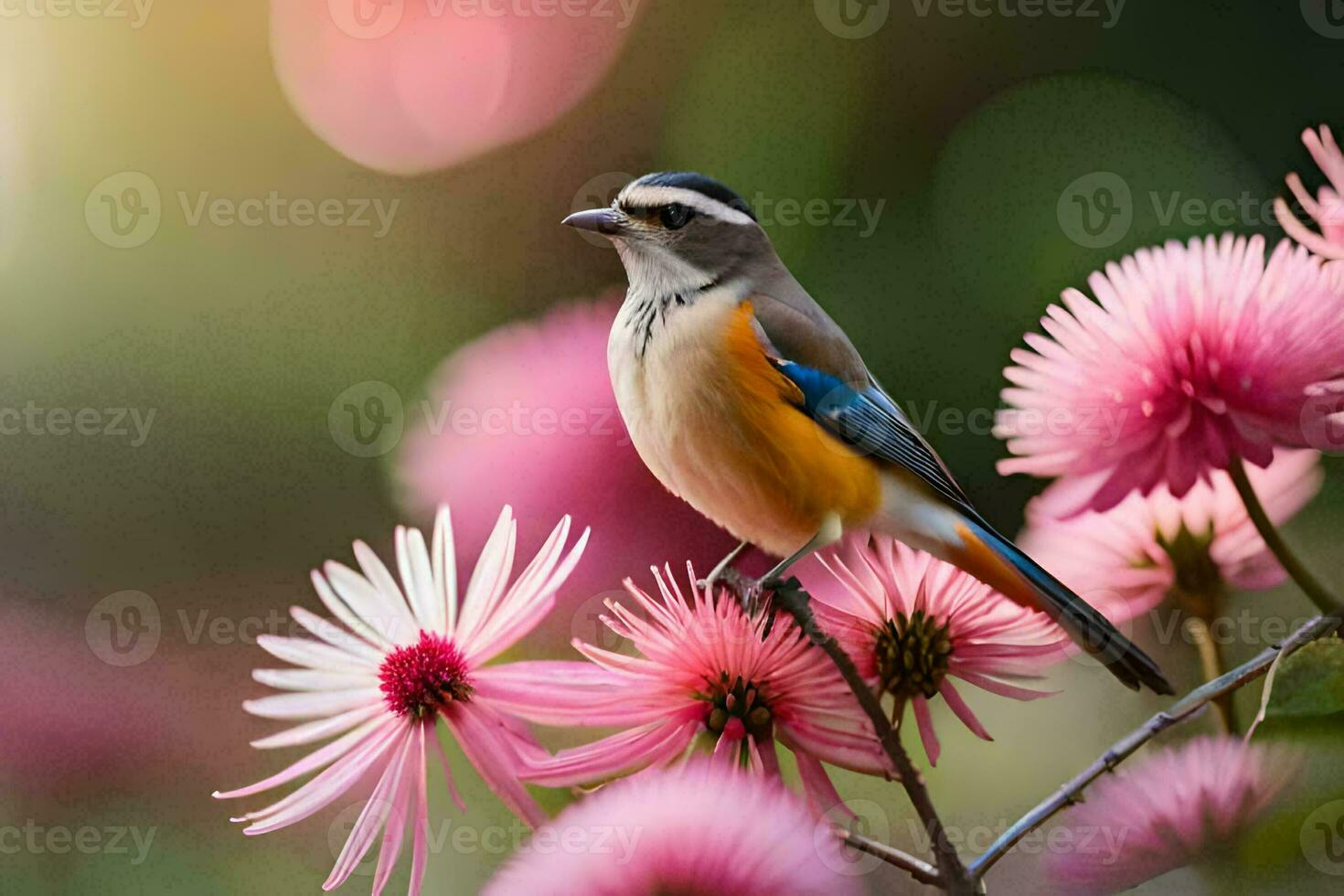 a bird is perched on a pink flower. AI-Generated photo