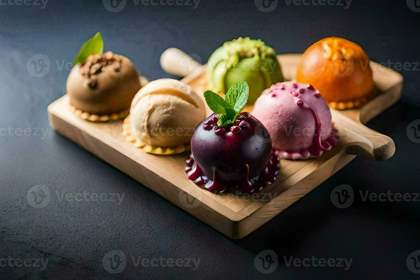 a wooden tray with different ice cream flavors. AI-Generated photo