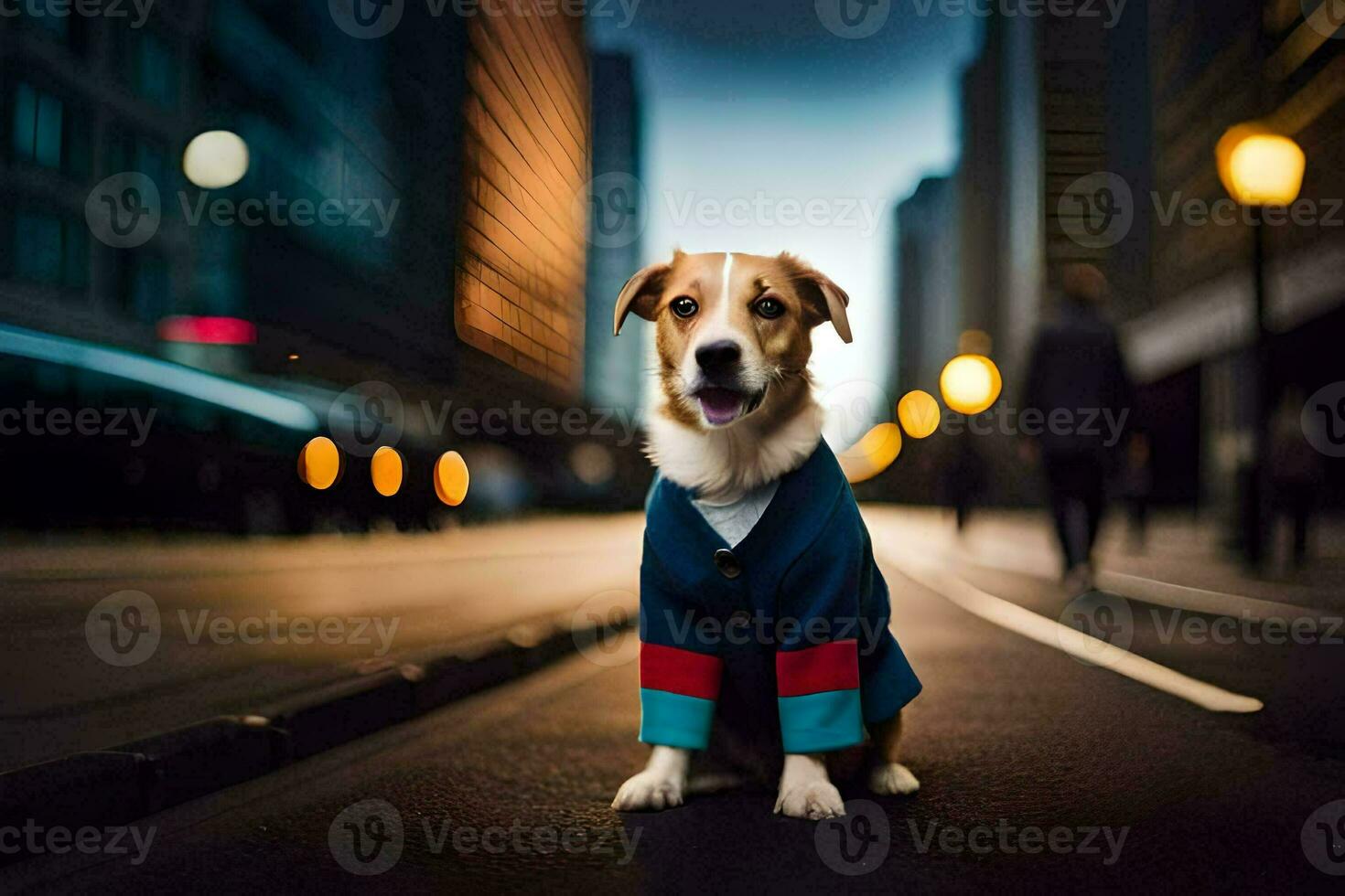a dog wearing a jacket on the street. AI-Generated photo