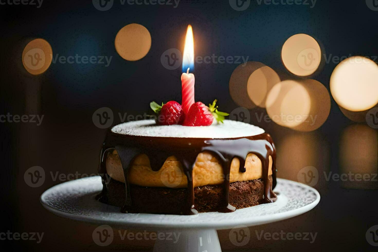 un cumpleaños pastel con un iluminado vela en cima. generado por ai foto