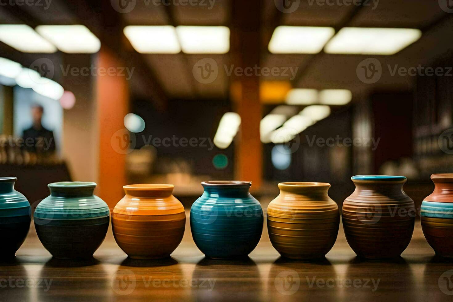 a row of colorful vases lined up on a table. AI-Generated photo