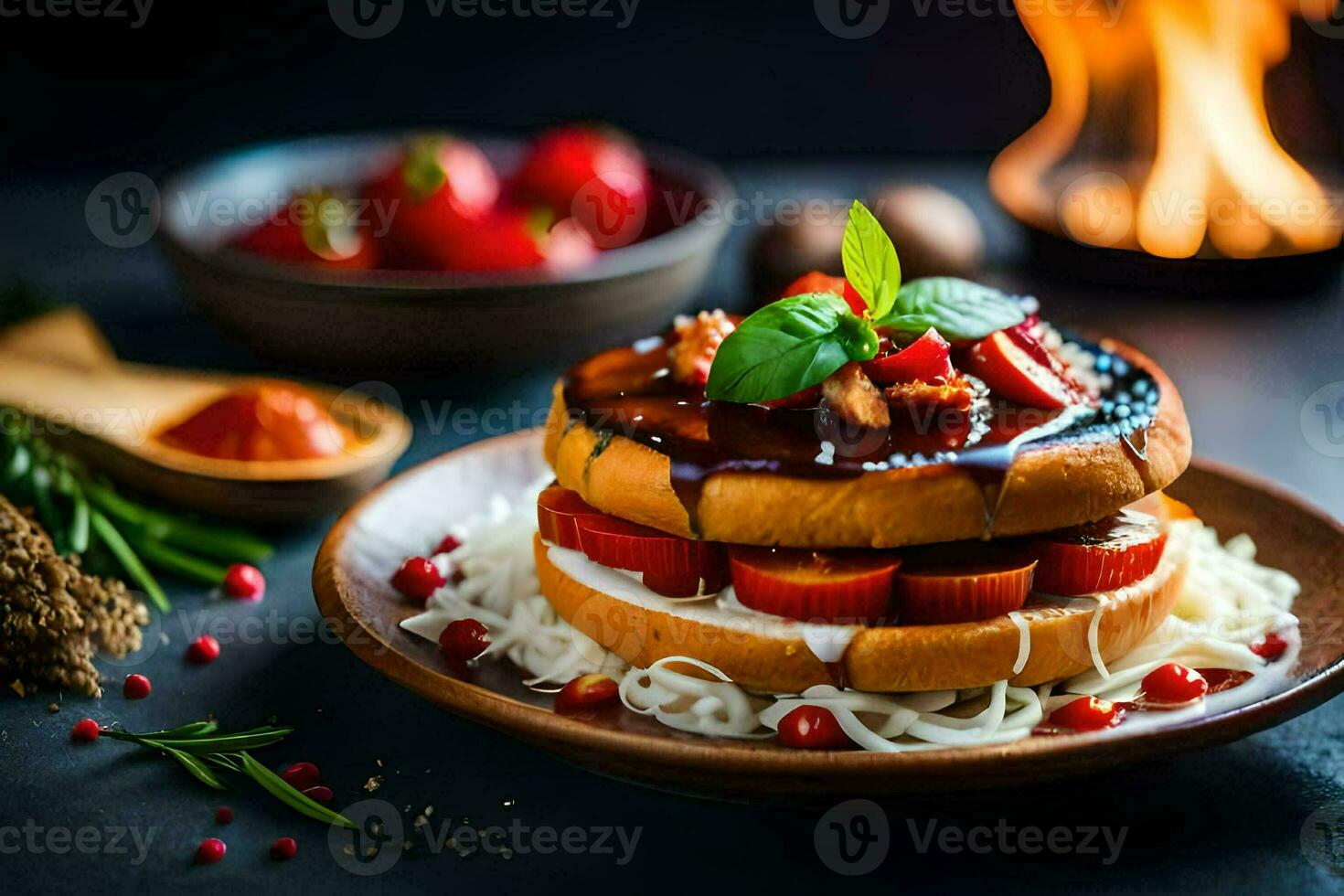 a sandwich with tomatoes and cheese on a plate. AI-Generated photo