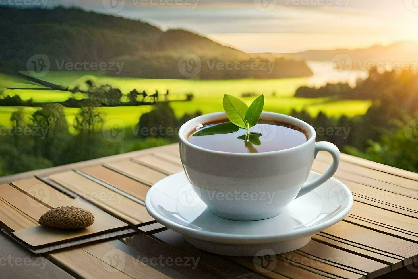 a cup of tea on a wooden table with a view of a green landscape. AI-Generated photo