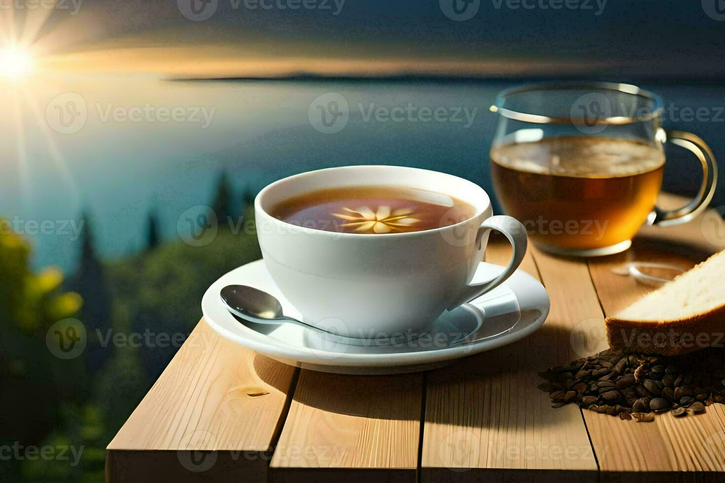 a cup of tea and a slice of bread on a wooden table. AI-Generated photo