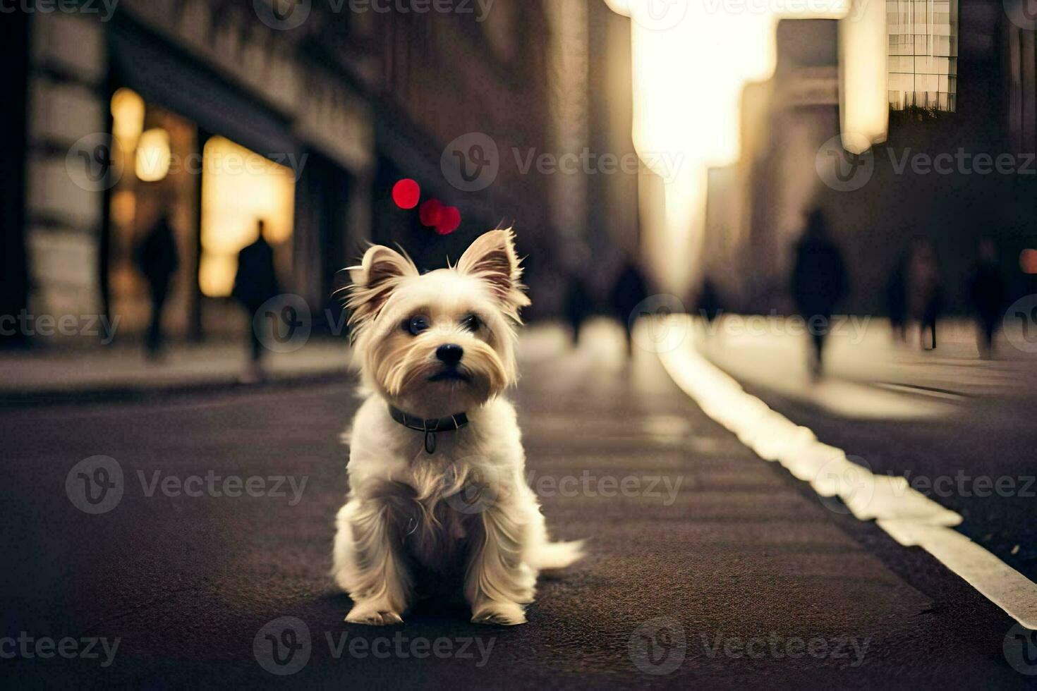 a small white dog sitting on the street in front of a city. AI-Generated photo