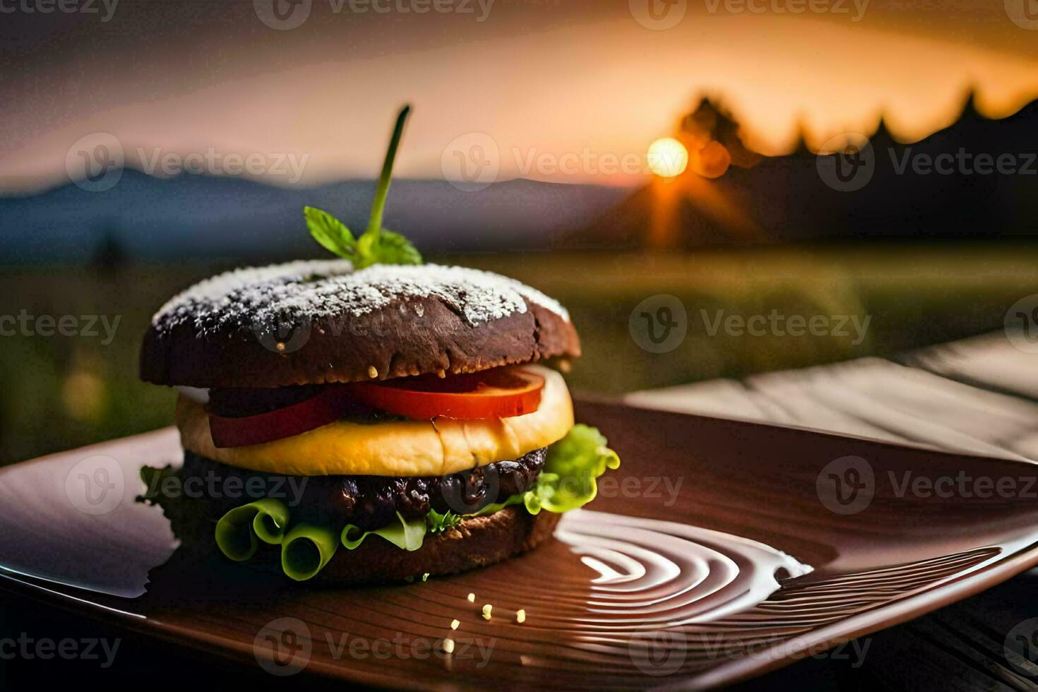 a hamburger on a plate with a sunset in the background. AI-Generated photo