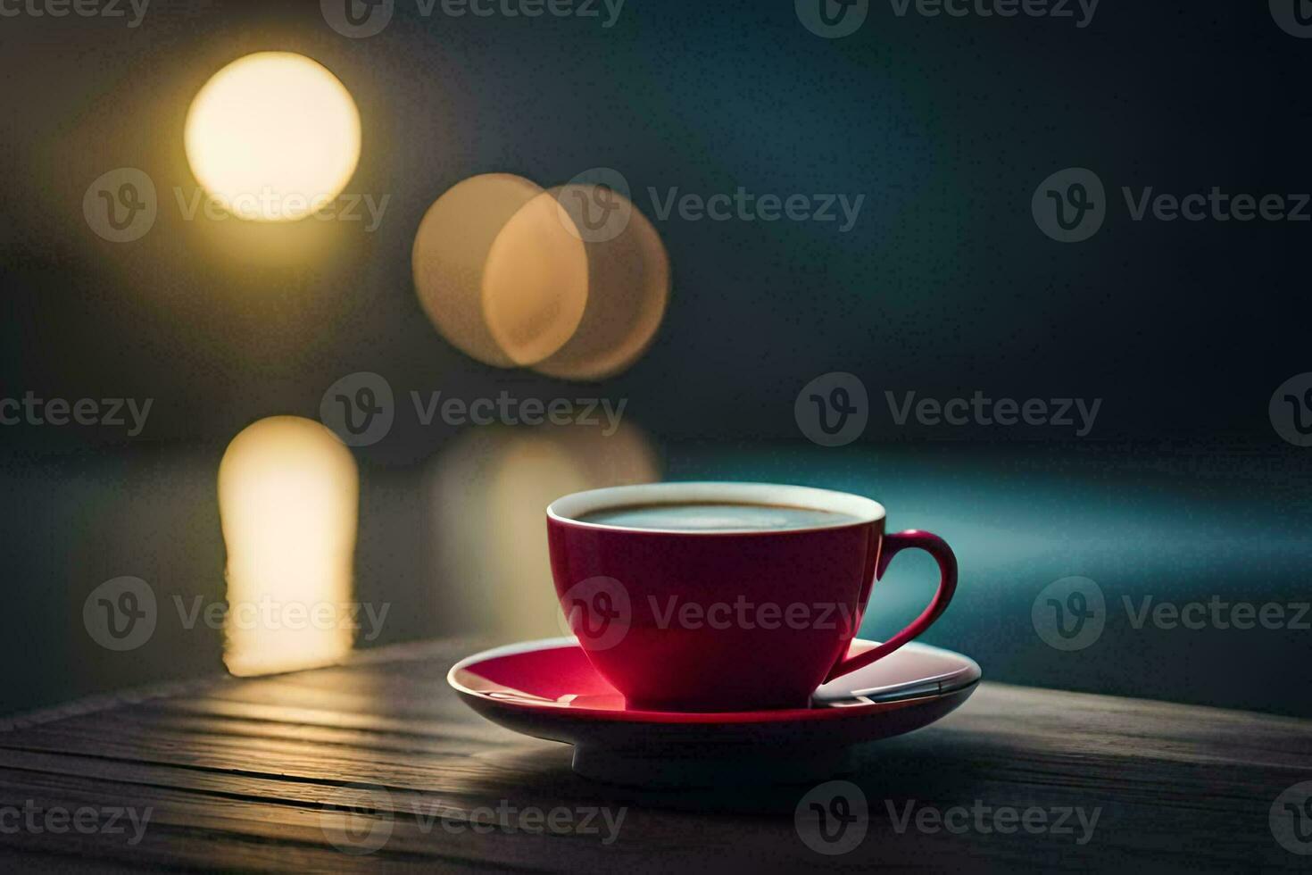 a red cup of coffee on a wooden table with bokeh in the background. AI-Generated photo