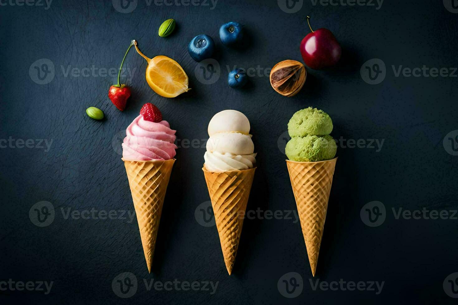 three ice cream cones with different flavors. AI-Generated photo